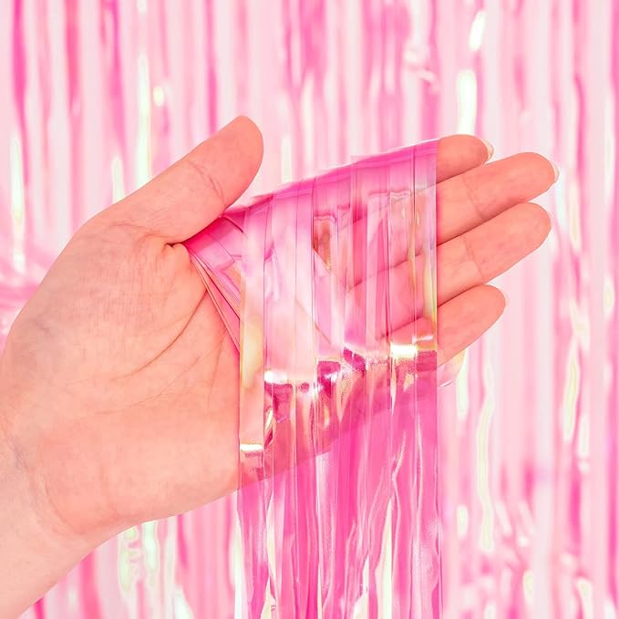 BRAVESHINE Clear Pink Streamers Party Curtain | Iridescent Fringe Backdrop | - Image 3
