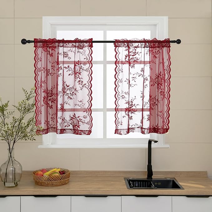 Burgundy Lace Kitchen Curtains 30 Inch Length Rod Pocket Light Filtering Modern by SEEKRIGHTHomeDecor