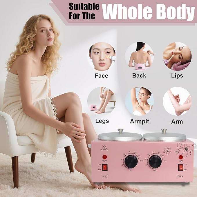Wax Warmer Double Pot, Professional Electric Heater for Facial, Body, Spa, and Salon, 1.2L Dual Adjustable Temperature with 100 Wooden Craft Sticks, Hair Removal (Pink)