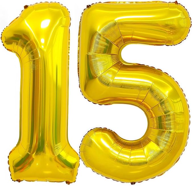 Gold 15 Balloon Number, 40 Inch Number 15 Balloon Large Gold Foil Mylar Helium by BBPOOL