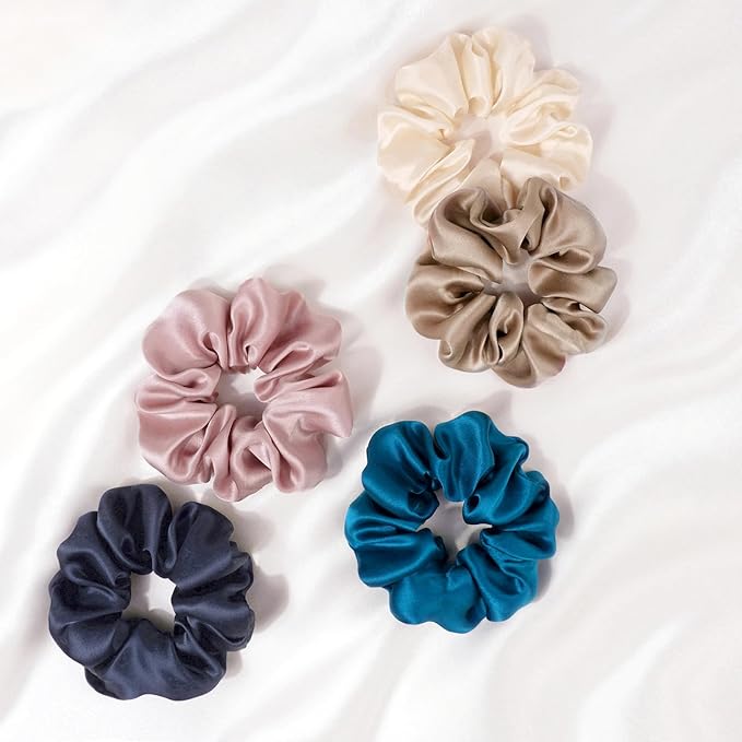 Zenssia Silk Scrunchies for Hair, Mulberry Silk Hair Ties for Women and Girls, No Damage Elastic Ponytail Holders（Black, Navy, Silvergrey）