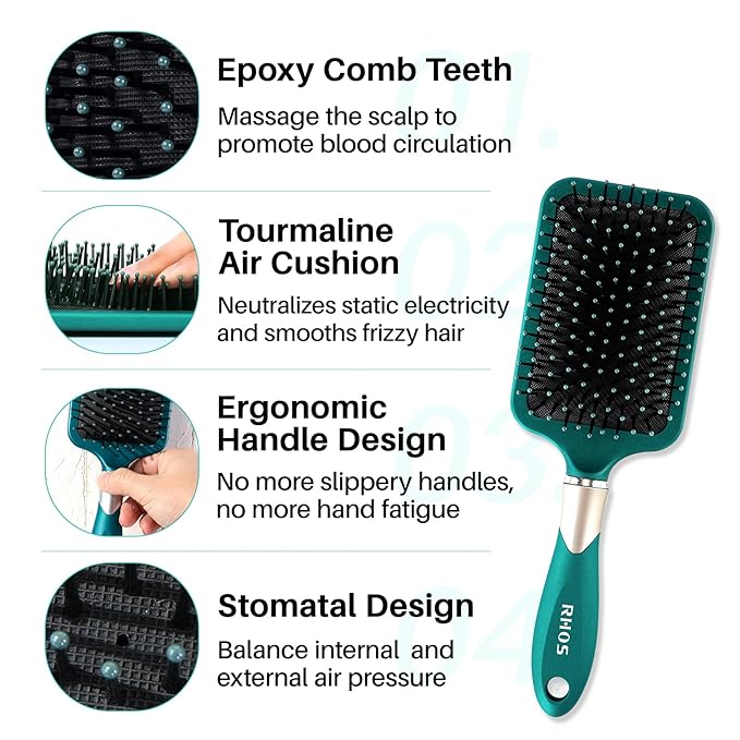 RHOS Hair Brush for Women and Men - Detangler Hair Brush with Nylon Bristles for Thick, Curly, Thin, Long, Wet & Dry Hair - Cushion Square Hair Brush for Detangling and Smoothing - 1 Pack - Green