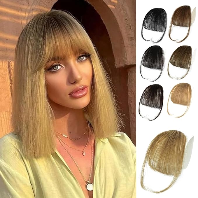 NAYOO Wispy Bangs Hair Clip - Ash Blonde 100% Real Human Hair Clip in Bangs for Women Fringe with Temples Hairpieces for Daily Wear (Ash Blonde, Wispy Bangs)
