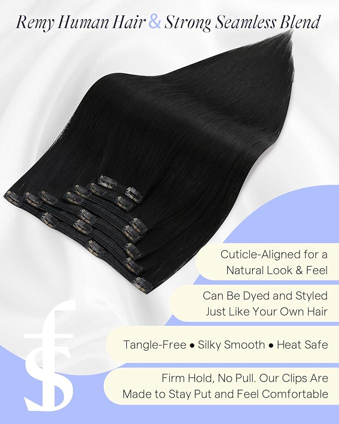 Full Shine Black Extensions Clip in 220 G 24 Inch Long Black Hair Extensions Clip in Human Hair for Length 7 Pcs
