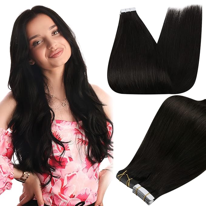 Full Shine Tape in Hair Extensions Human Hair 12Inch Skin Weft Human Hair Tape in Extensions Color 1B Off Black Double Sided Tapes Extension 20Pcs Straight Invisible Remy Extension 30G for Women