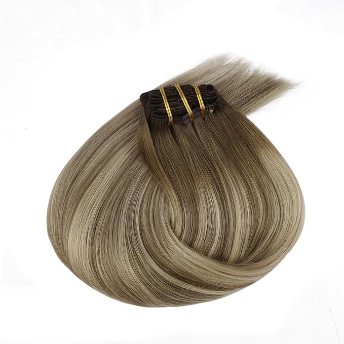 Ve Sunny Clip in Hair Extensions Brown Balayage Clip in Extensions Dark Brown Balayage Light Brown Mix Blonde Clip in Hair Extensions Real Human Hair for Women Natural Color 20inch 7pcs 120g