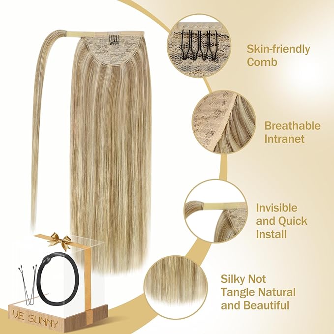 Ve Sunny Hair Extensions Ponytail Real Human Hair 80G Wrap Around Clip in Ponytail Hair Extensions Straight Extensions Human Hair for Women Dark Blonde Highlights Golden Blonde 14inch