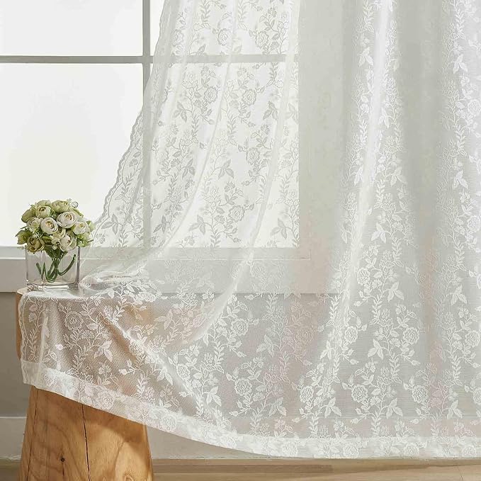 FINECITY Ivory Lace Curains for Bedroom Rustic Floral 52 x 90 Inch 2 Panels | - Image 5