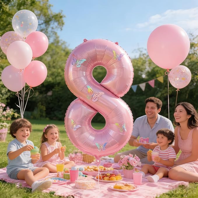 40 Inch Number Balloon Pink Large Mylar Foil Pink Number Balloons and Butterfly - Image 3