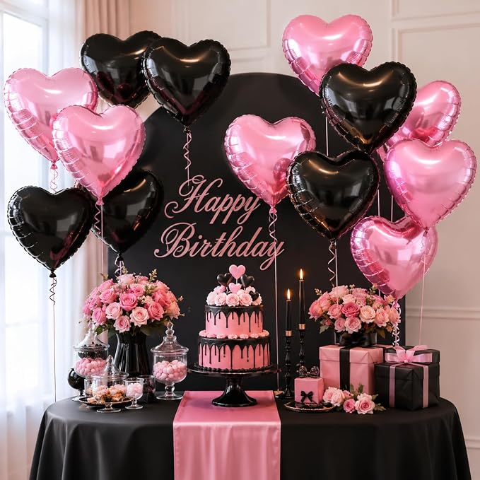 Pink Black Heart Balloons, 18Inch Black Pearl Pink Helium Balloon - Image 5