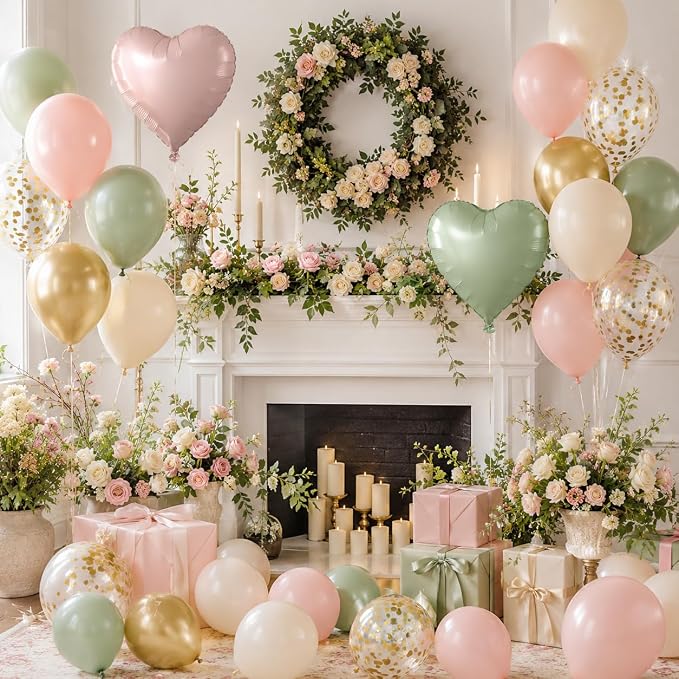 Pink and Green Balloons, 12 Inch Retro Sage Green Pink Nude Metallic Gold - Image 4