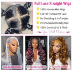 Straight Full Lace Wigs Human Hair 100% Hand-tied Full Lace Human Hair Wigs Full Scalp Lace Wigs Part Anywhere 180% Density(18inch, Natural Black)