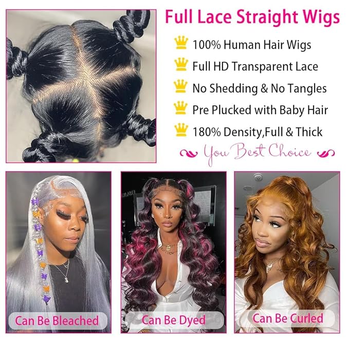 Straight Full Lace Wigs Human Hair 100% Hand-tied Full Scalp Lace Wigs for Black Women 180% Density(16inch, Natural Black)