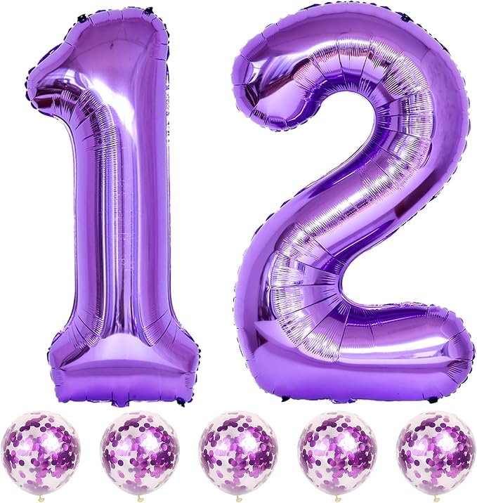 Purple Birthday Balloon Number 12, 40 Inch Big Foil Mylar Number 1 and 2 by Lingqiang