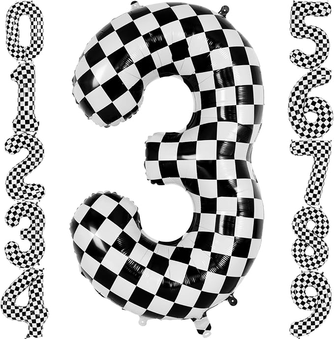 Checkered Number 3 Balloon 40 Inch, Large Foil Black and White Number Balloons by AIQINHU