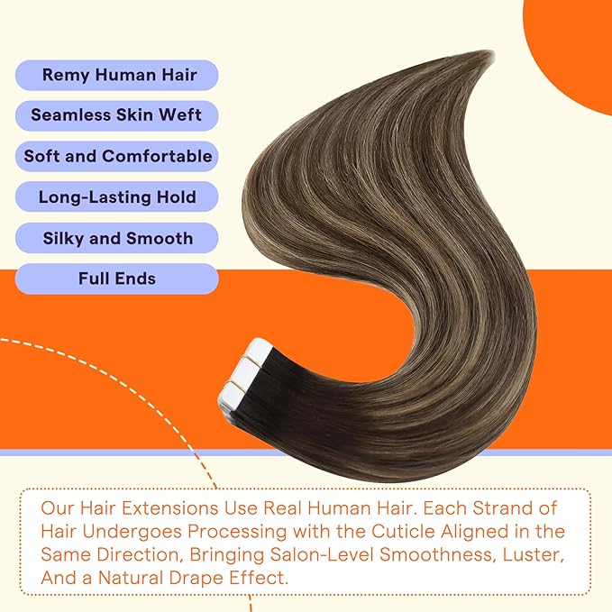 Full Shine Human Hair Extensions Tape Ins 22 Inch Seamless Tape in Extensions Human Hair Color 4 Fading to 24 Highlight 4 Medium Brown Balayage Tape Hair Extensions Real Human Hair 20 PCS 50g