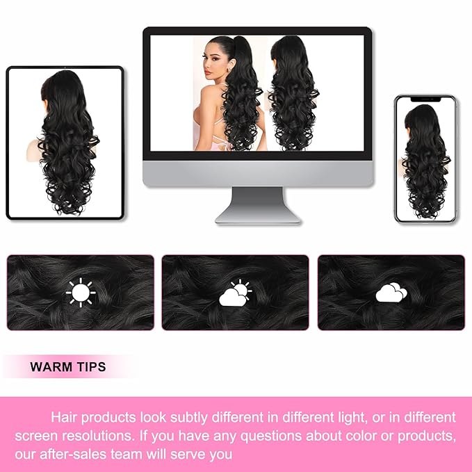 ALXNAN Ponytail Extension,24 Inch Claw Clip in Long Curly Wavy Black Ponytail Hair Extension Jaw Clip on Pony Tails Hairpiece for Women