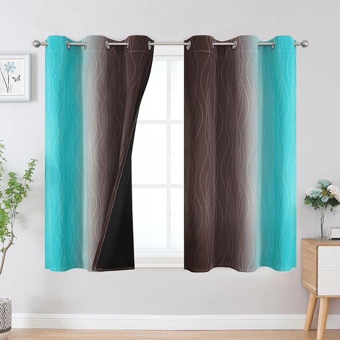 Brown and Teal Ombre Blackout Curtains 45 Inch Length 2 Panels, Full Room - Image 2