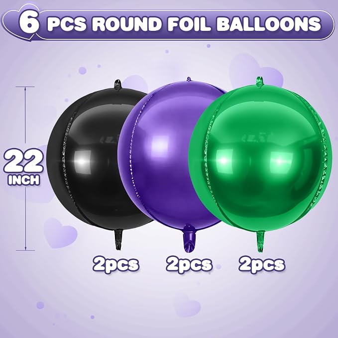 6Pcs Black Green Purple Round Foil Balloons, Giant 4D Round Ball Balloon - Image 2