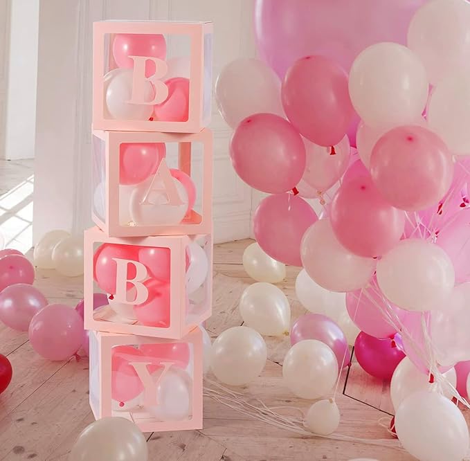 Baby Shower Boxes Party Decorations – 4 pcs Pink Transparent Balloon Boxes – - Image 6