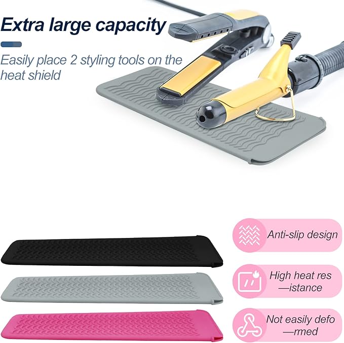 3PCS Silicone Heat Resistant Mat Pouch for Hair Straightener, Curling Iron, Flat Iron and Hot Hair Tools (Black+Grey+Pink) 3 Pack