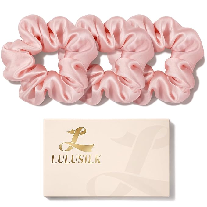 LULUSILK Silk Scrunchies for Hair Sleep, 100% Real Mulberry Silk, No Damage Hair Ties for Women and Girls, Elegant Lotus Pink, Pack of 3