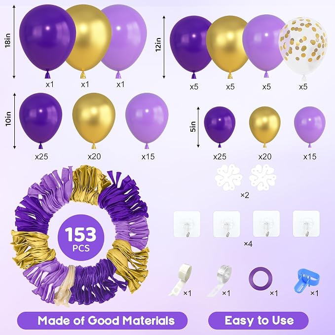 Amandir 153pcs Purple and Gold Balloons Arch Garland Kit, Different Sizes 18 12 - Image 2