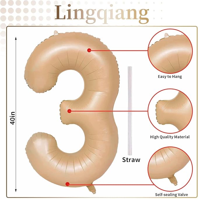 Apricot Number 3 Balloon for Girls Boys, 40 Inch Large Nude Number 0-9 Foil - Image 2
