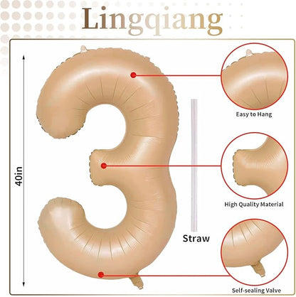 Apricot Number 3 Balloon for Girls Boys, 40 Inch Large Nude Number 0-9 Foil - Image 2