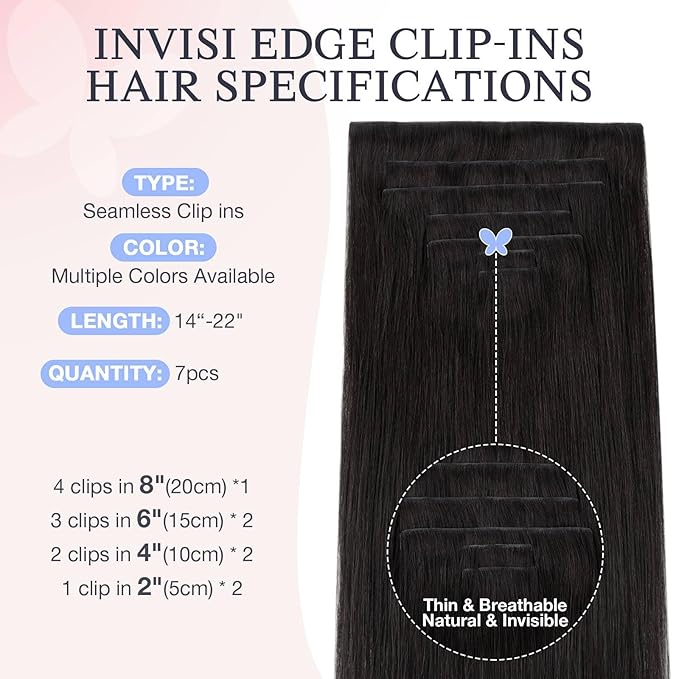 DOORES Human Hair Clip in Extensions 20 Inch 110g 7pcs, Invisi Edge Seamless Real Human Clip in Hair Extensions Invisible Remy Virgin Clipins Straight Skin Weft Thickening, 1B Natural Black