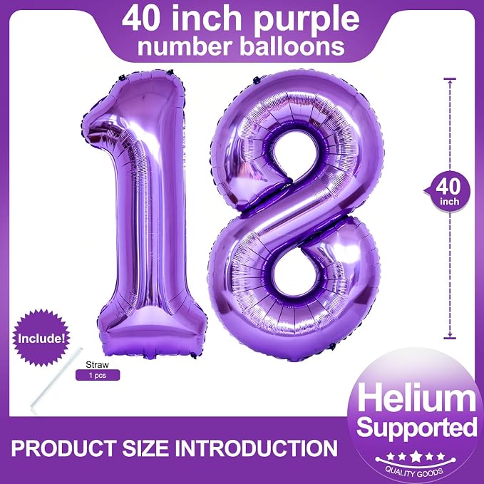 Number 18 Purple Balloons 40 Inch Giant Purple 18 Number Foil Helium Balloons - Image 2