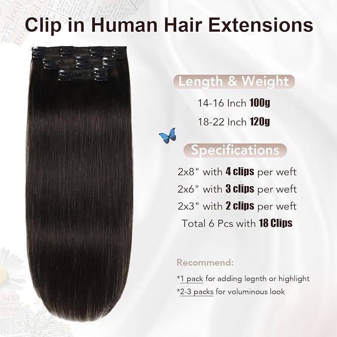 XDhair Clip in Hair Extensions Real Human Hair 20 Inch 120g Natural Straight Human Hair Clip in Extensions for Woman, Soft Straight 6pcs Per Set with 18 Clips Double Weft #1B