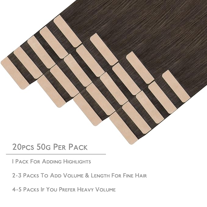WENNALIFE Tape in Hair Extensions Human Hair, 20pcs 50g 18 inch Cool Dark Brown Remy Hair Extensions Straight Human Hair Tape in Extensions Skin Weft Tape Extensions