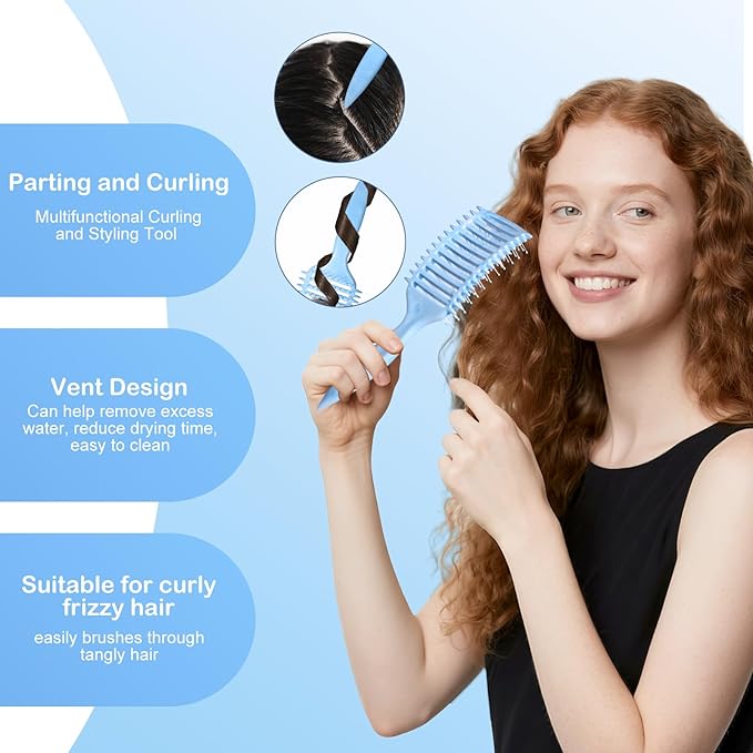 Curly Hair Brush & Curl Defining Brush – Easily Detangles Knots with Less Pulling – Styles Wet or Dry Hair, Tames Frizz for All Curl Types (Watercolor Blue)