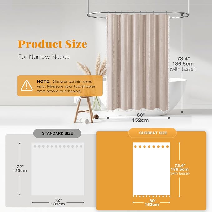 60x72 Boho Farmhouse Linen Heavy Duty Shower Curtain Set, Tan/Taupe | Narrow - Image 3