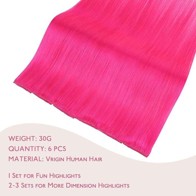 WENNALIFE Hot Pink Clip in Hair Extensions Real Human Hair 35g 6pcs 22 Inch Colored Hair Extensions for Kids Women Colorful Hair Pieces Pop-up Style Straight Extensiones De Cabello Humano Con Clip