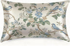 Silk Pillow Case for Hair and Skin Abstract Blue Beige Floral and Bird Standard Size Silk Pillow Case with Zipper Super Soft Pillow Covers for Women Bed Sleeping, 20x26 Inches