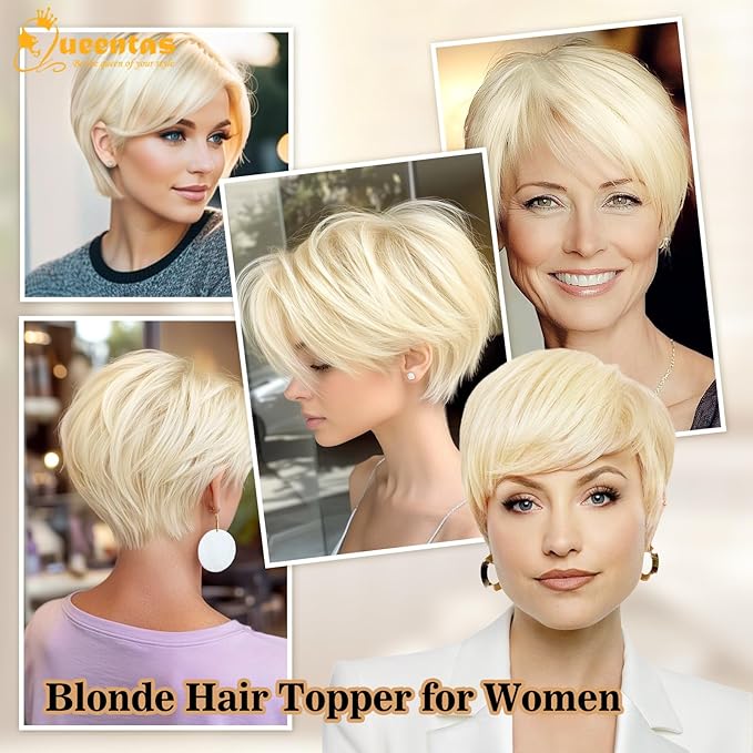 QUEENTAS Short Blonde Hair Toppers for Women with Thinning Hair Piece 360°3D Cover with 5 Clips Wispy Bangs 6.5"*6" Large Coverage Synthetic Hairpieces for Men(Mixed Blonde/#613)