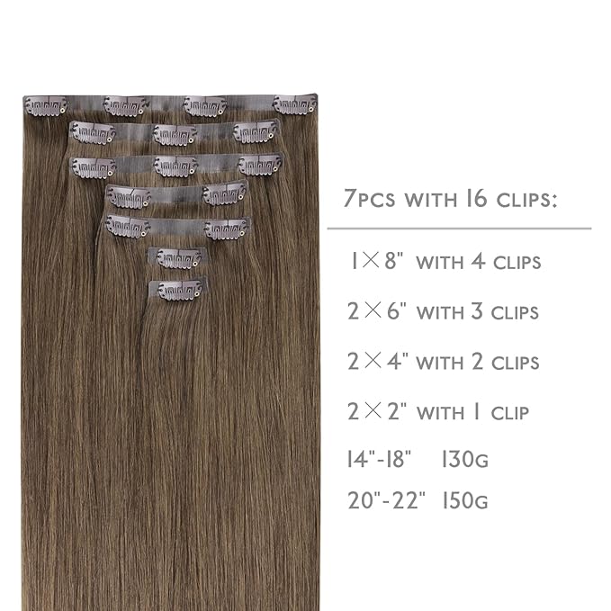 WENNALIFE Seamless Clip In Hair Extensions Human Hair, 18 Inch 130g 7pcs Light Ash Brown Real Hair Extensions Clip in Human Hair Invisible PU Skin Weft Natural Remy Human Hair Extensions