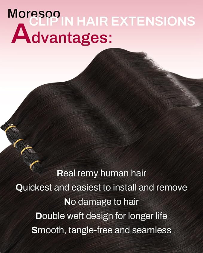 Moresoo Clip in Hair Extensions Dark Brown Hair Extensions Clip ins Real Human Hair Brown Straight 80g/18 inch