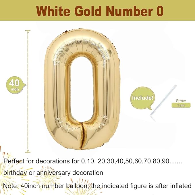 40 inch White Gold Number Balloon Giant Foil Helium Balloons Champagne Gold - Image 2