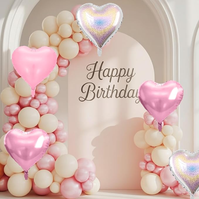 Pink and Silver Heart Balloons, 18 Inch Metallic Glitter Stars Foil Balloons - Image 8