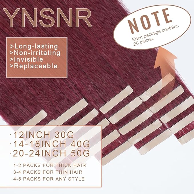 Tape in Hair Extensions Human Hair 99J Red Wine Burgundy 22 Inch 20Pcs Tape Ins for Women Straight Invisible Seamless Remy