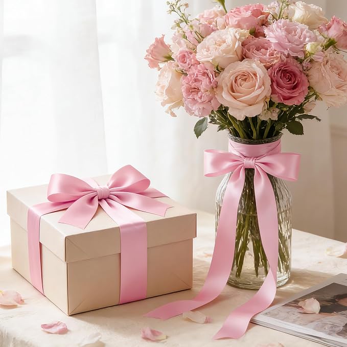 1In 30Yards Pink Satin Ribbon for Flower Bouquet Baby Shower Mother's Day | - Image 6