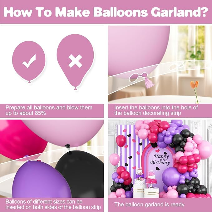 Hot Pink and Purple Balloon Arch Garland Kit, Rose Red Black Pink Purple Latex - Image 3