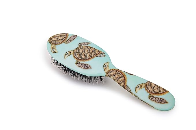Rock & Ruddle Natural Mixed Boar Bristle Hair Brush for Women and Kids (Small/Travel Size, 17.5cm) - Perfect for Wet or Dry Hair, Detangling Smoothing Blowdrying - Made in UK - Turtles