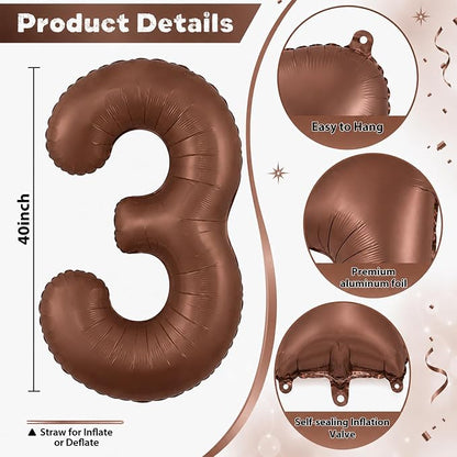 Dark Brown Number 3 Balloon, 40 Inch Giant Chocolate Brown Number Balloons 0-9 - Image 2