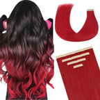 DOORES Remy Hair Tape in Human Hair Extensions, Red 14 Inch Straight Real Hair Skin Weft