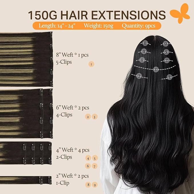 DOORES Hair Extensions Real Human Hair, Balayage Natural Black to Light Blonde 20 Inch 150g 9pcs, Clip in Extensions Human Hair Natural Straight Thick Remy Hair Extensions Clip in Human Hair