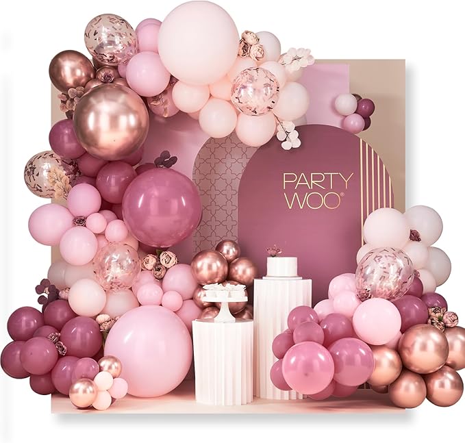 PartyWoo Rose Gold Pink Metallic Rose Gold Latex Balloon Arch Kit 140pcs | Rose by PartyWoo